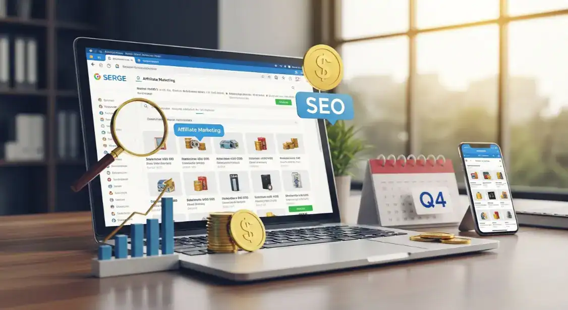 Affiliate marketing SEO strategy for 2025. Laptop, phone, calendar, coins, and magnifying glass illustrate online success.